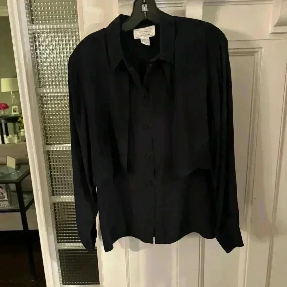 Vintage Silk Studio by Claude Bennett black long sleeve button up blouse size 10 - Picture 2 of 9